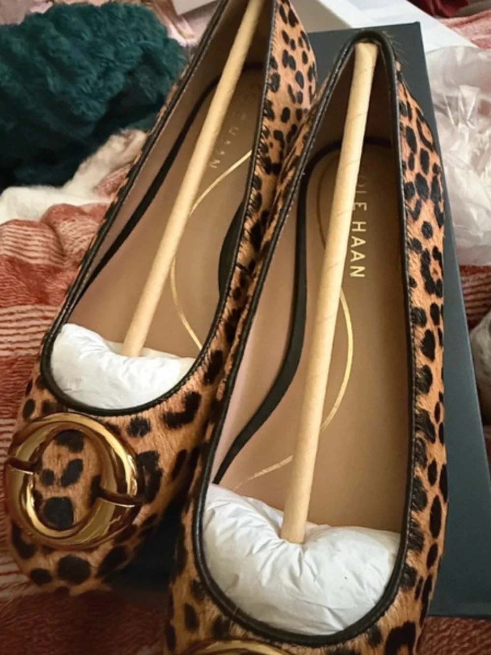 Cole Haan Leopard Print Ballet Flats with Gold Ring Accent